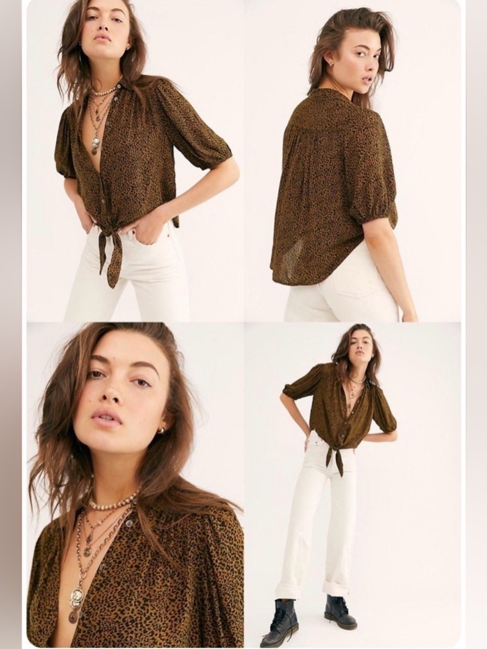 Free People Celia leopard top XS womens relaxed fit short sleeve button down tie